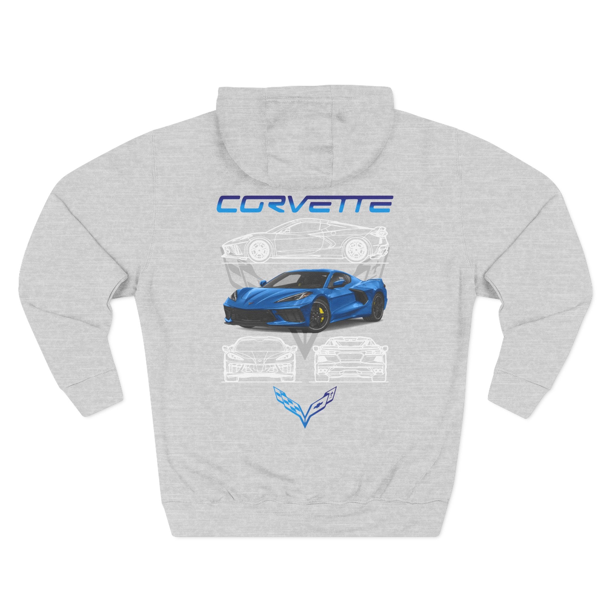 Corvette Blueprint Graphic Hoodie — Blue Sports Car Three-Panel Design