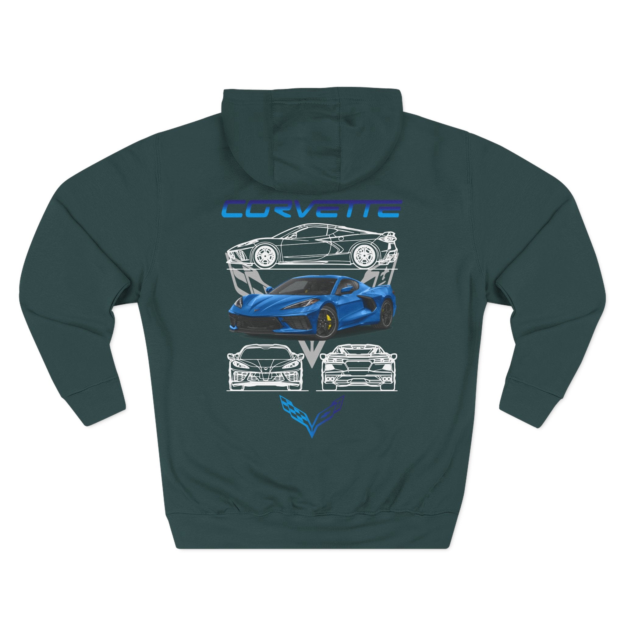 Corvette Blueprint Graphic Hoodie — Blue Sports Car Three-Panel Design