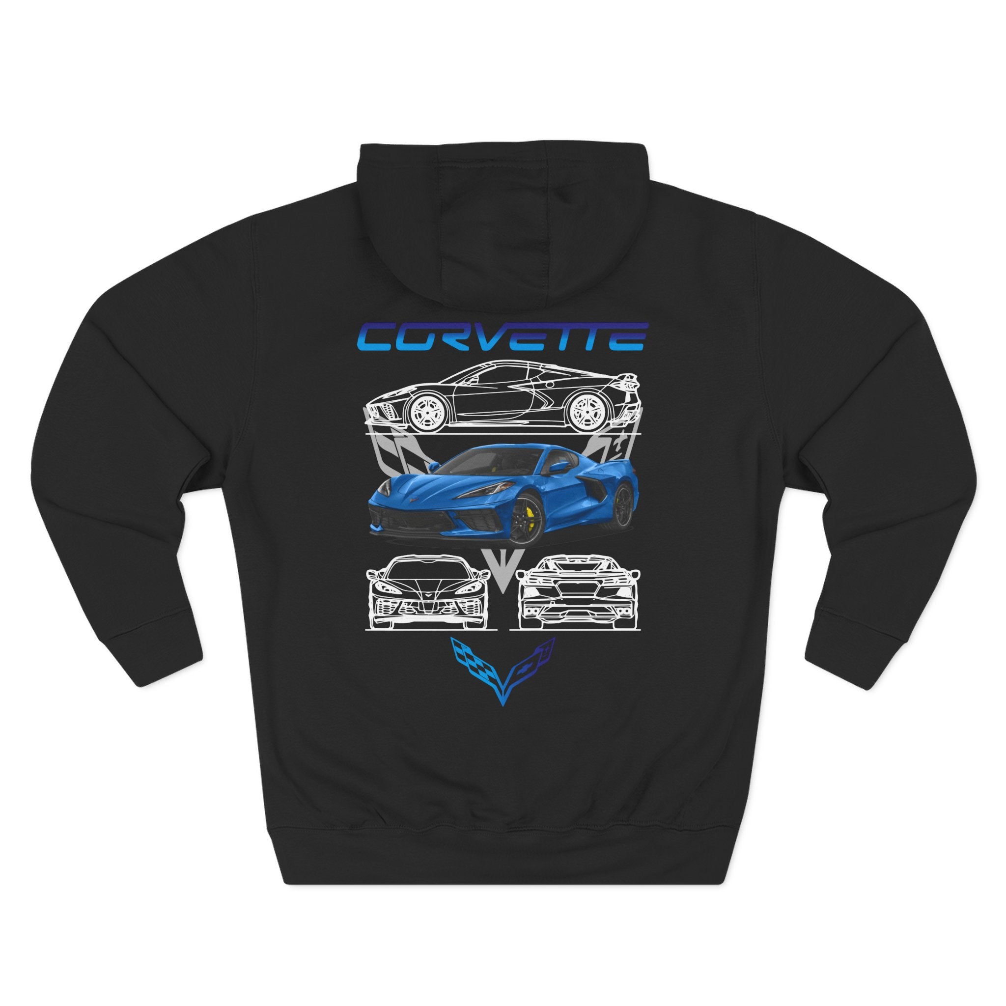 Corvette Blueprint Graphic Hoodie — Blue Sports Car Three-Panel Design