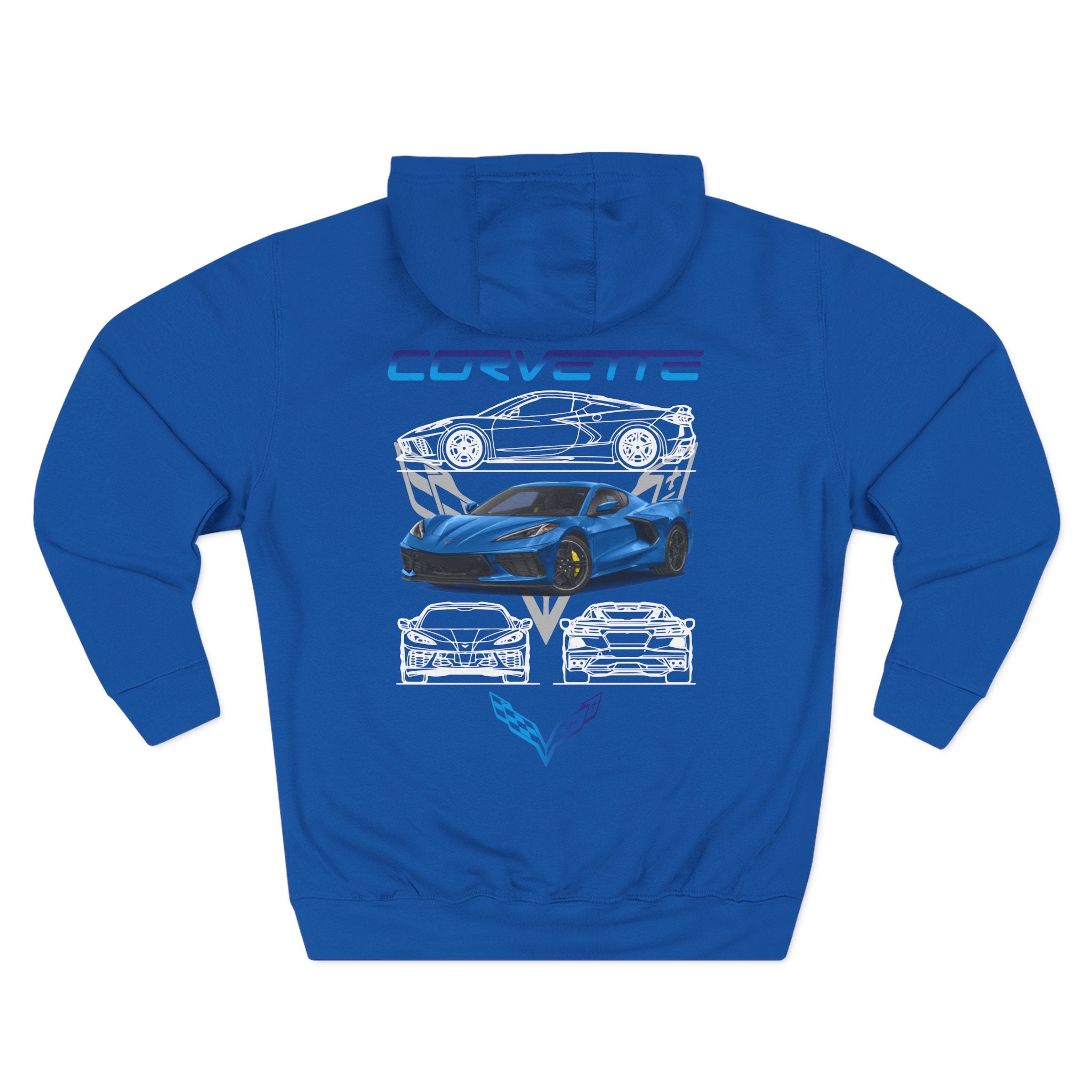 Corvette Blueprint Graphic Hoodie — Blue Sports Car Three-Panel Design