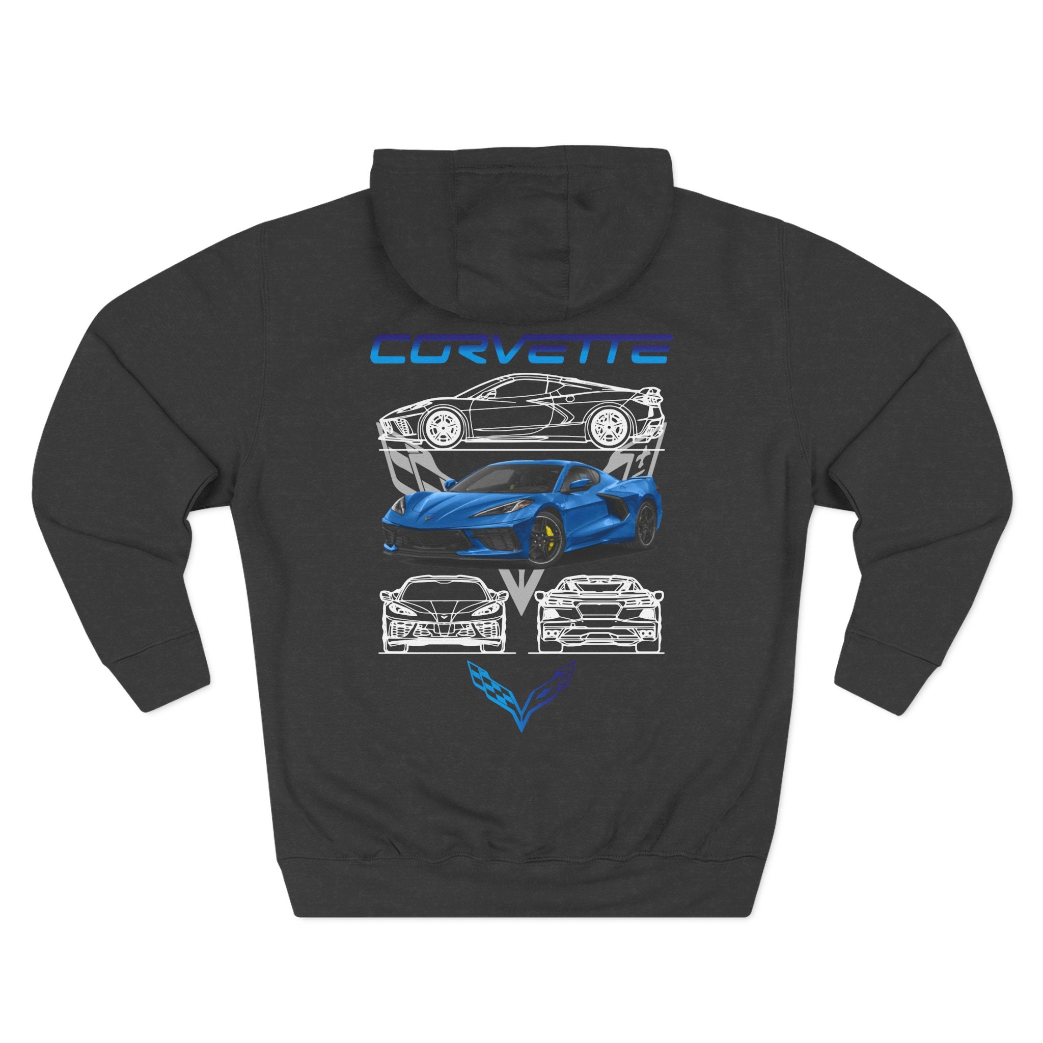 Corvette Blueprint Graphic Hoodie — Blue Sports Car Three-Panel Design