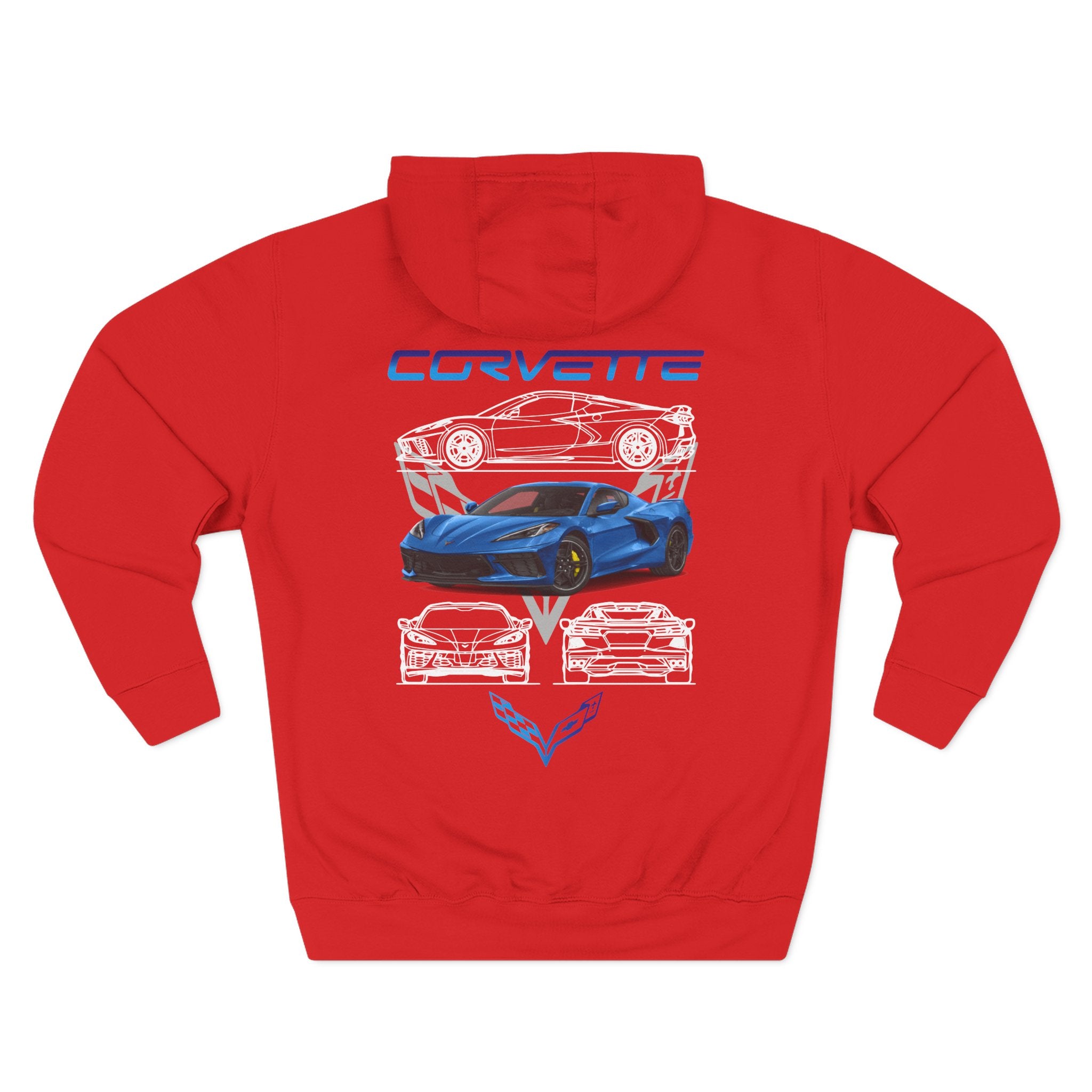 Corvette Blueprint Graphic Hoodie — Blue Sports Car Three-Panel Design