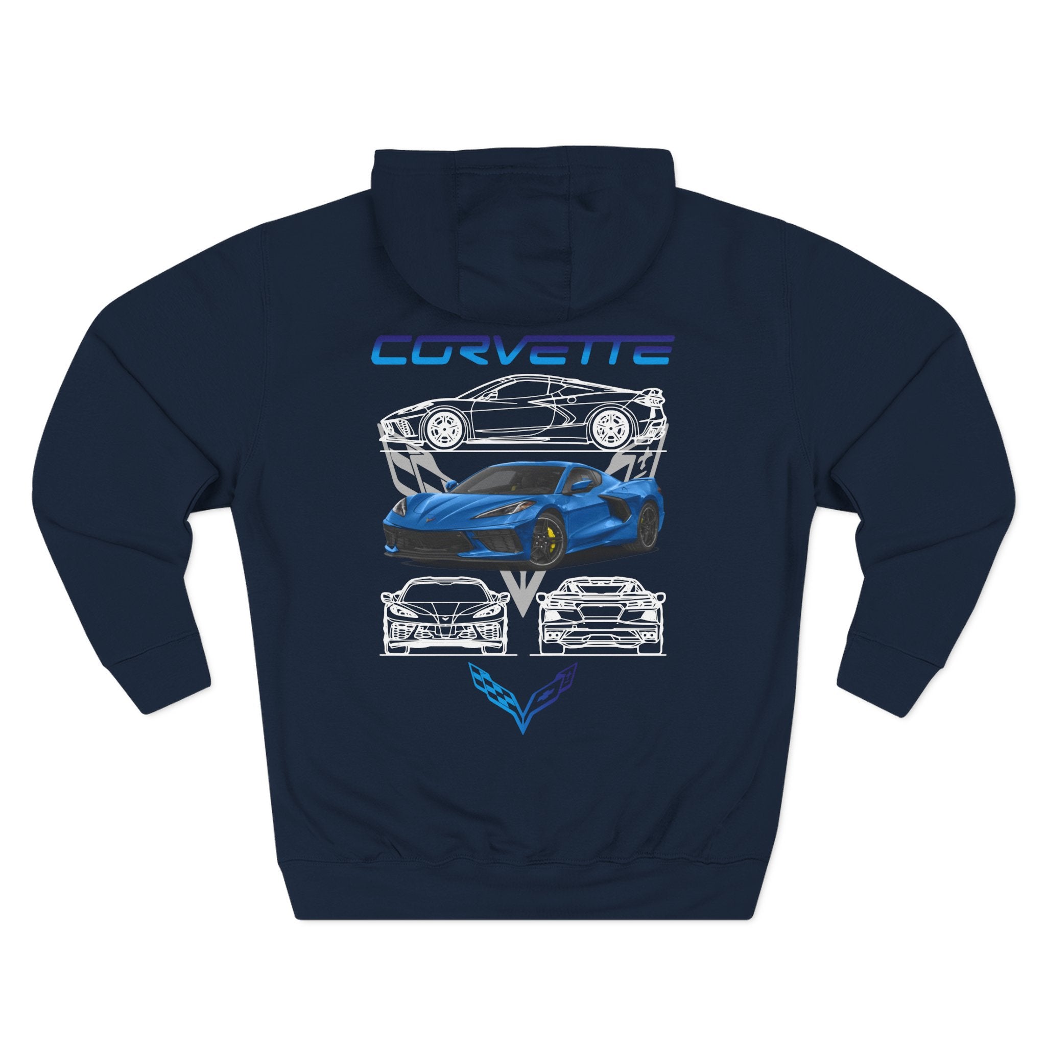 Corvette Blueprint Graphic Hoodie — Blue Sports Car Three-Panel Design